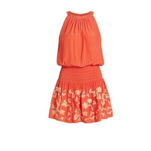 NWT Ramy Brook Orange Halter Dress with Floral Embroidery.